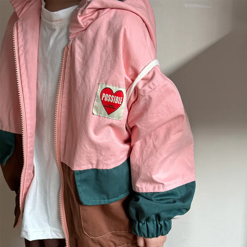【80-150cm】かわいい フード付きバイカラー 防風 トップス ジャケット コート  こども服
