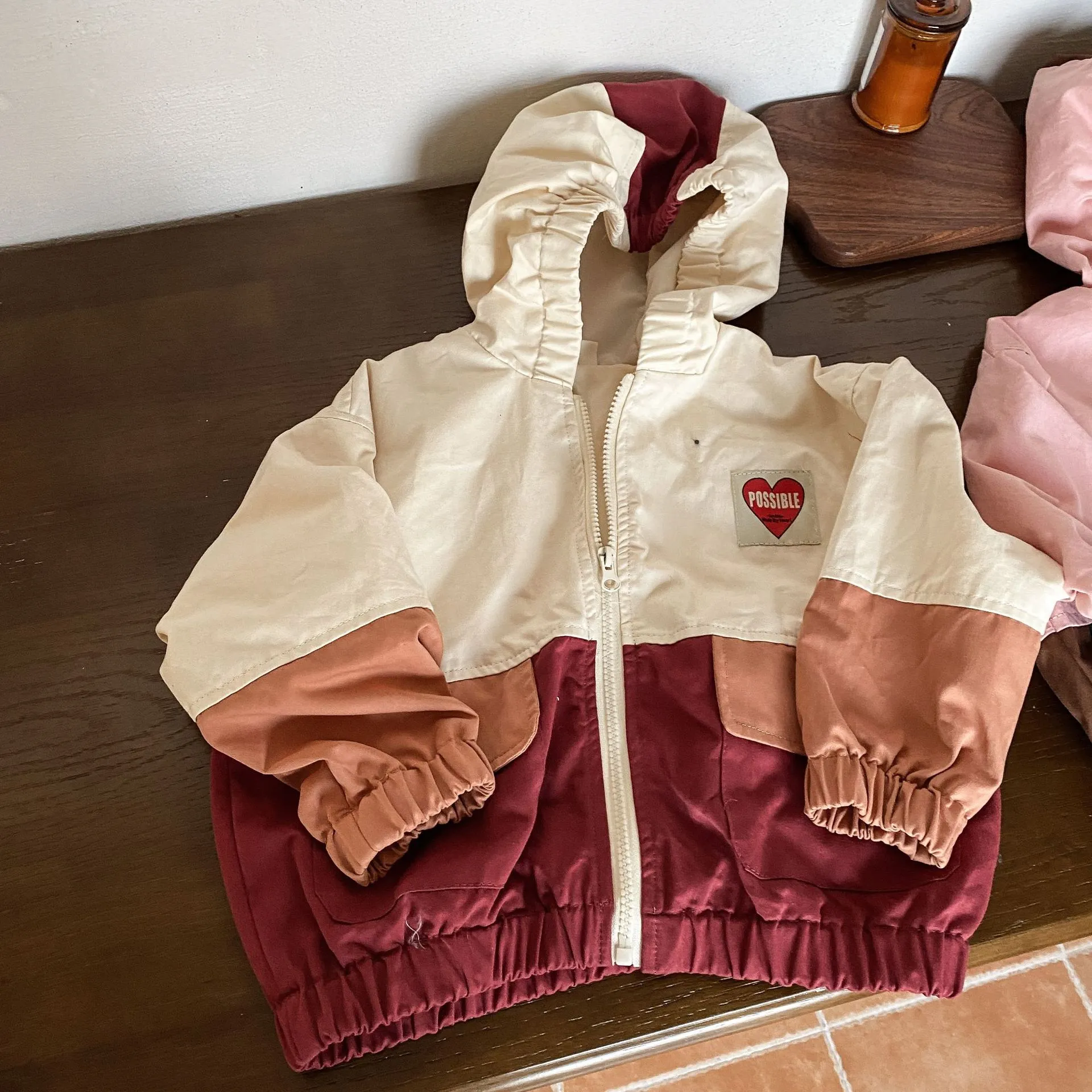 【80-150cm】かわいい フード付きバイカラー 防風 トップス ジャケット コート  こども服