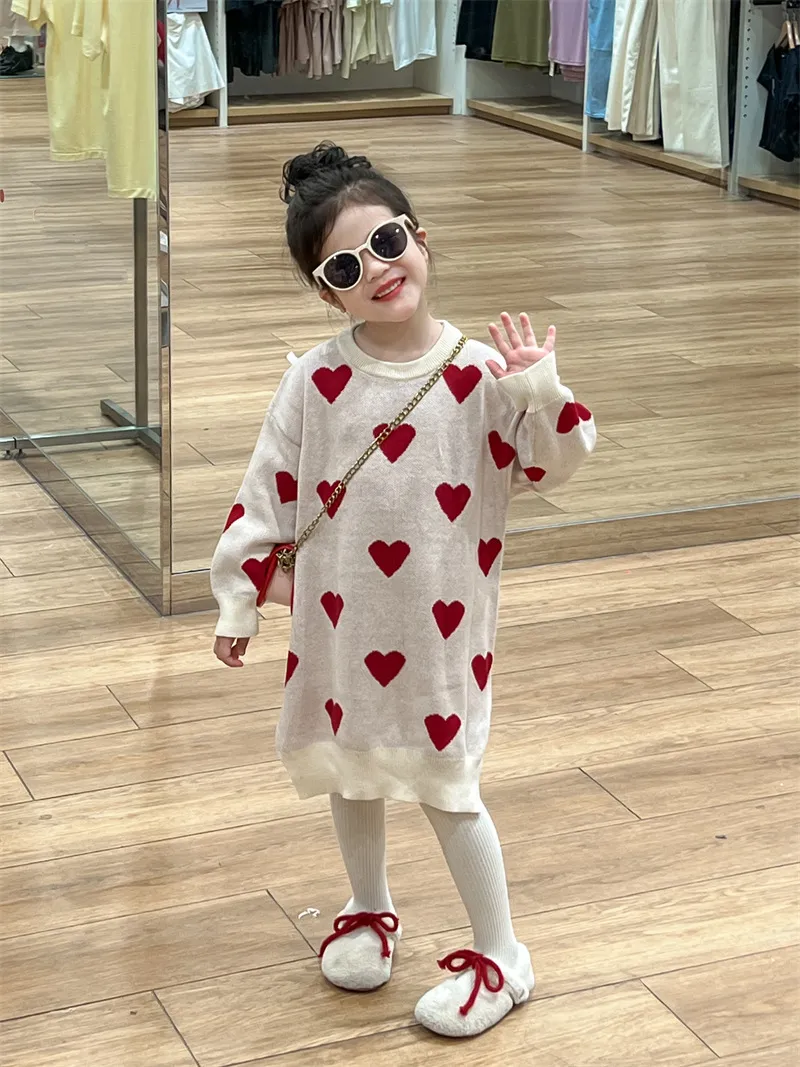 【90-140cm】お姫様 暖かい かわいい ハート柄 ニット ワンピース 長袖ワンピース 子ども服 女の子