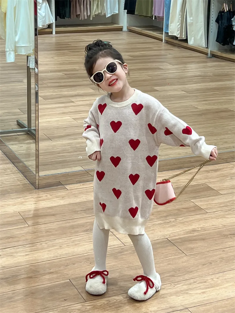 【90-140cm】お姫様 暖かい かわいい ハート柄 ニット ワンピース 長袖ワンピース 子ども服 女の子
