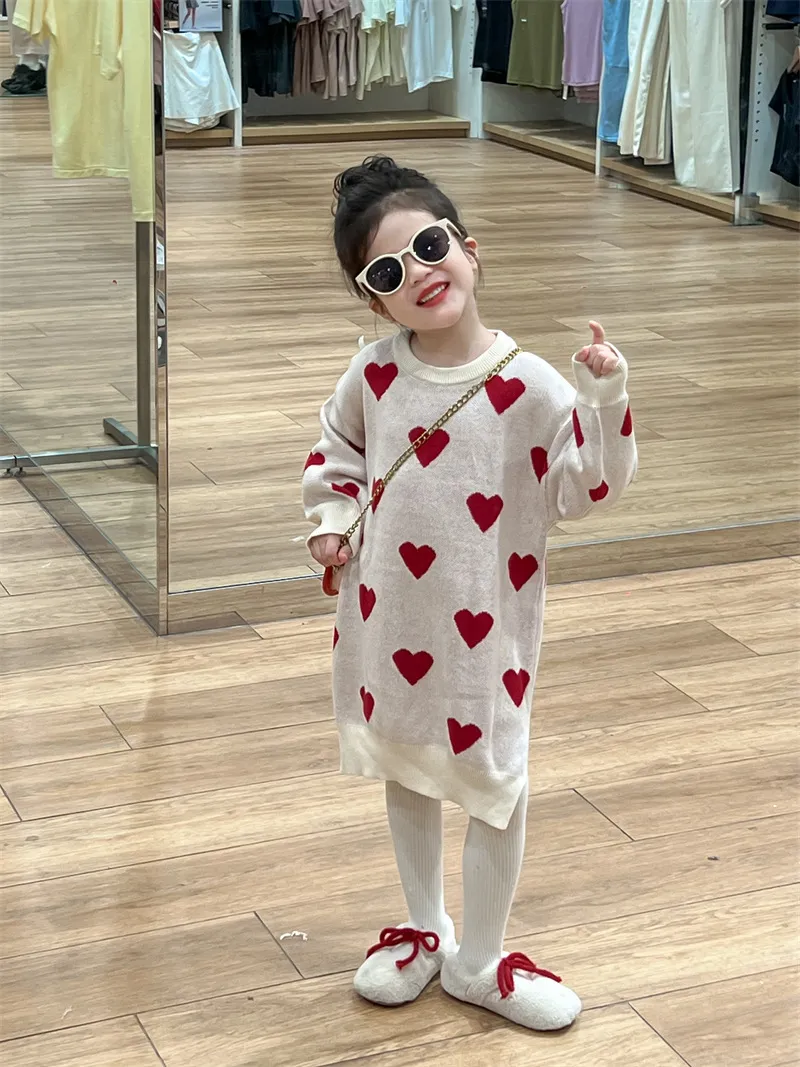 【90-140cm】お姫様 暖かい かわいい ハート柄 ニット ワンピース 長袖ワンピース 子ども服 女の子