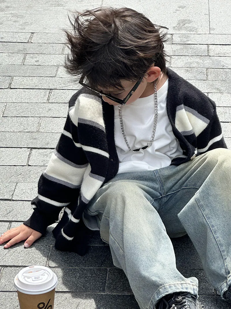【90-140cm】 お出かけ ニットカーディガン 子ども 男の子 前開き ボタン Vネック セーター長袖 ストライプ シンプル