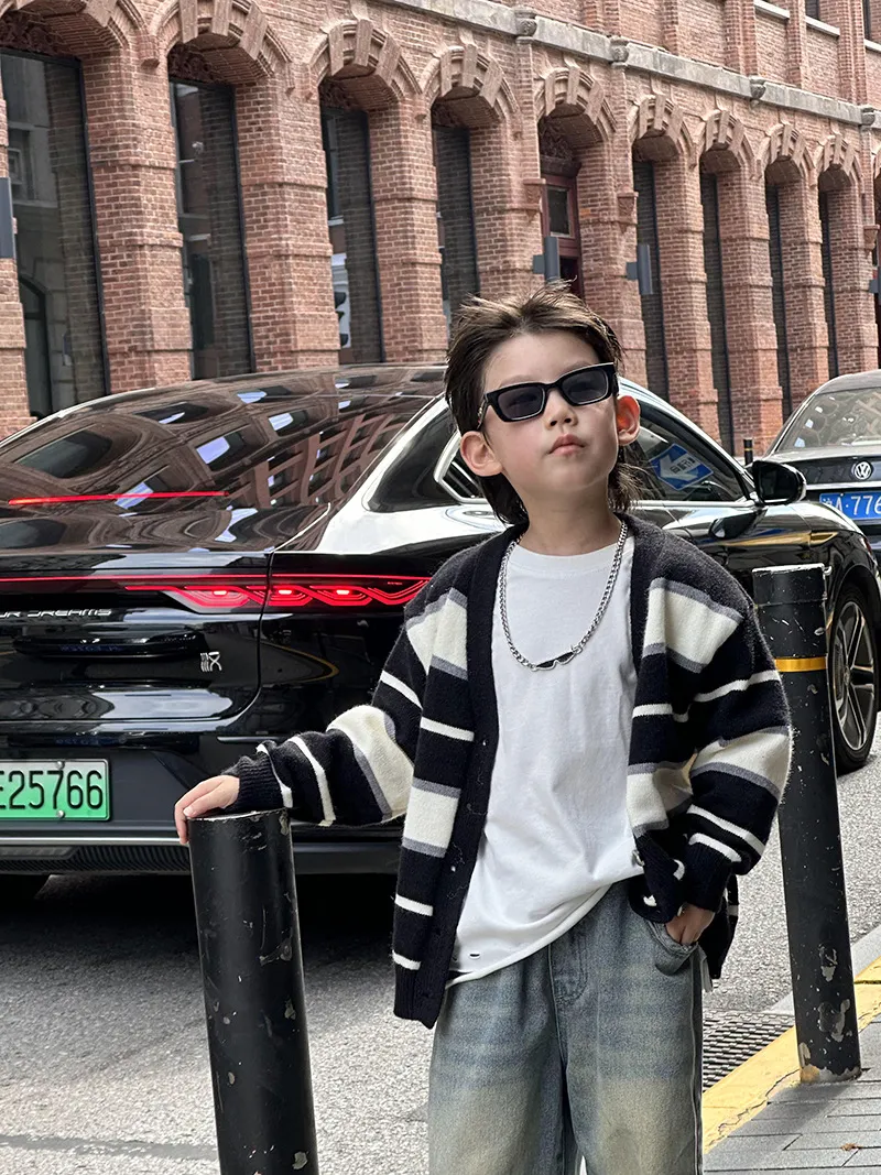 【90-140cm】 お出かけ ニットカーディガン 子ども 男の子 前開き ボタン Vネック セーター長袖 ストライプ シンプル