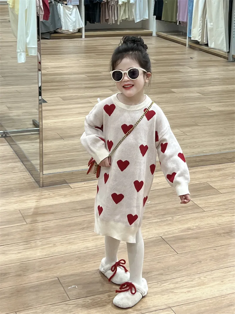 【90-140cm】お姫様 暖かい かわいい ハート柄 ニット ワンピース 長袖ワンピース 子ども服 女の子