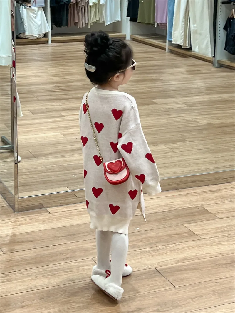 【90-140cm】お姫様 暖かい かわいい ハート柄 ニット ワンピース 長袖ワンピース 子ども服 女の子