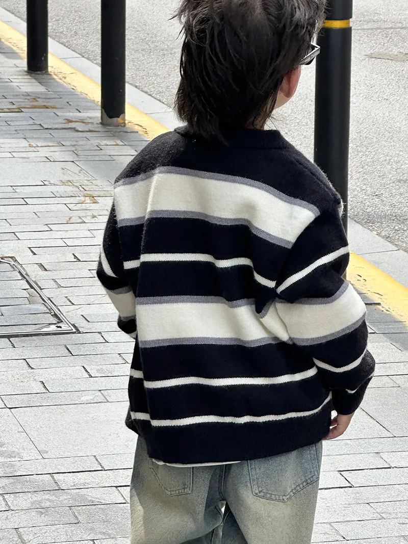 【90-140cm】 お出かけ ニットカーディガン 子ども 男の子 前開き ボタン Vネック セーター長袖 ストライプ シンプル