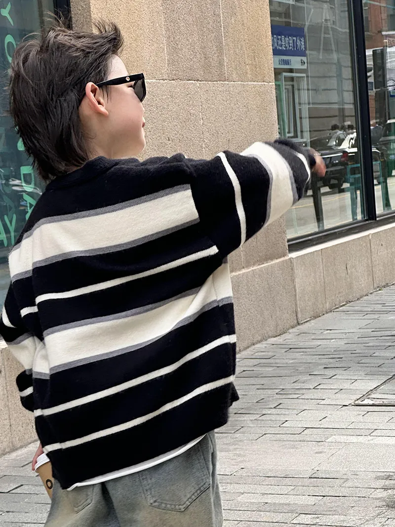 【90-140cm】 お出かけ ニットカーディガン 子ども 男の子 前開き ボタン Vネック セーター長袖 ストライプ シンプル