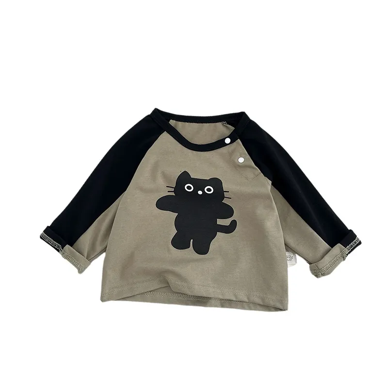 【73-110cm】可愛い カジュアル 配色 動物柄 長袖 ラウンドネック Tシャツ