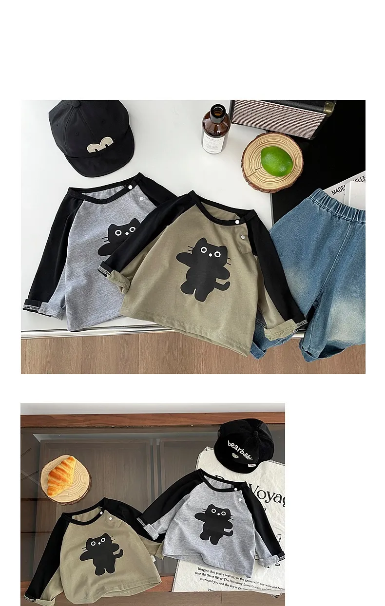 【73-110cm】可愛い カジュアル 配色 動物柄 長袖 ラウンドネック Tシャツ