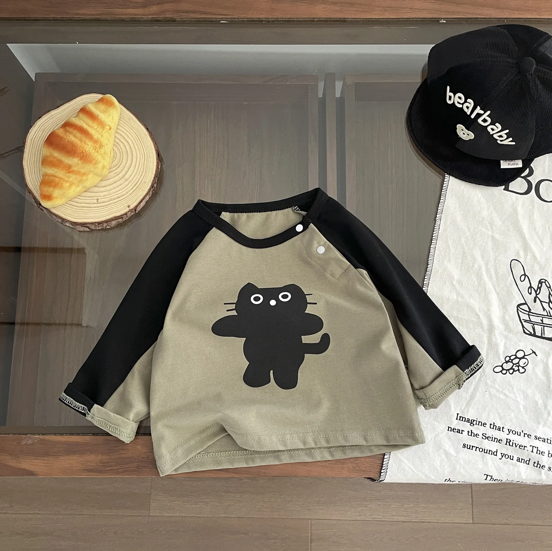 【73-110cm】可愛い カジュアル 配色 動物柄 長袖 ラウンドネック Tシャツ