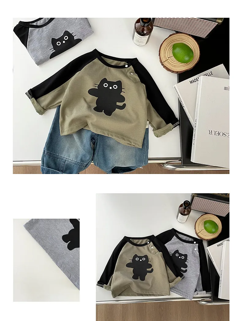 【73-110cm】可愛い カジュアル 配色 動物柄 長袖 ラウンドネック Tシャツ
