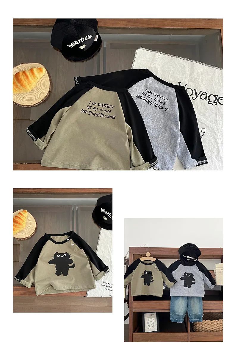【73-110cm】可愛い カジュアル 配色 動物柄 長袖 ラウンドネック Tシャツ