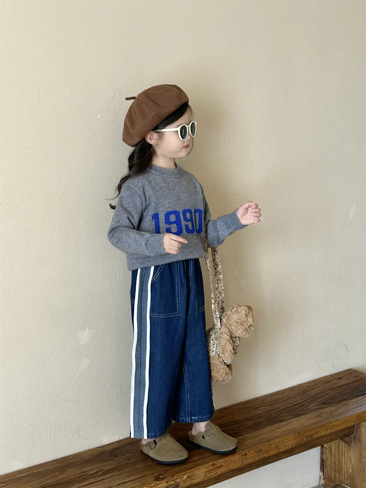 【90-140cm】可愛い きれいめ ニットセーター+デニムパンツ ２点セット バラ売り 女の子
