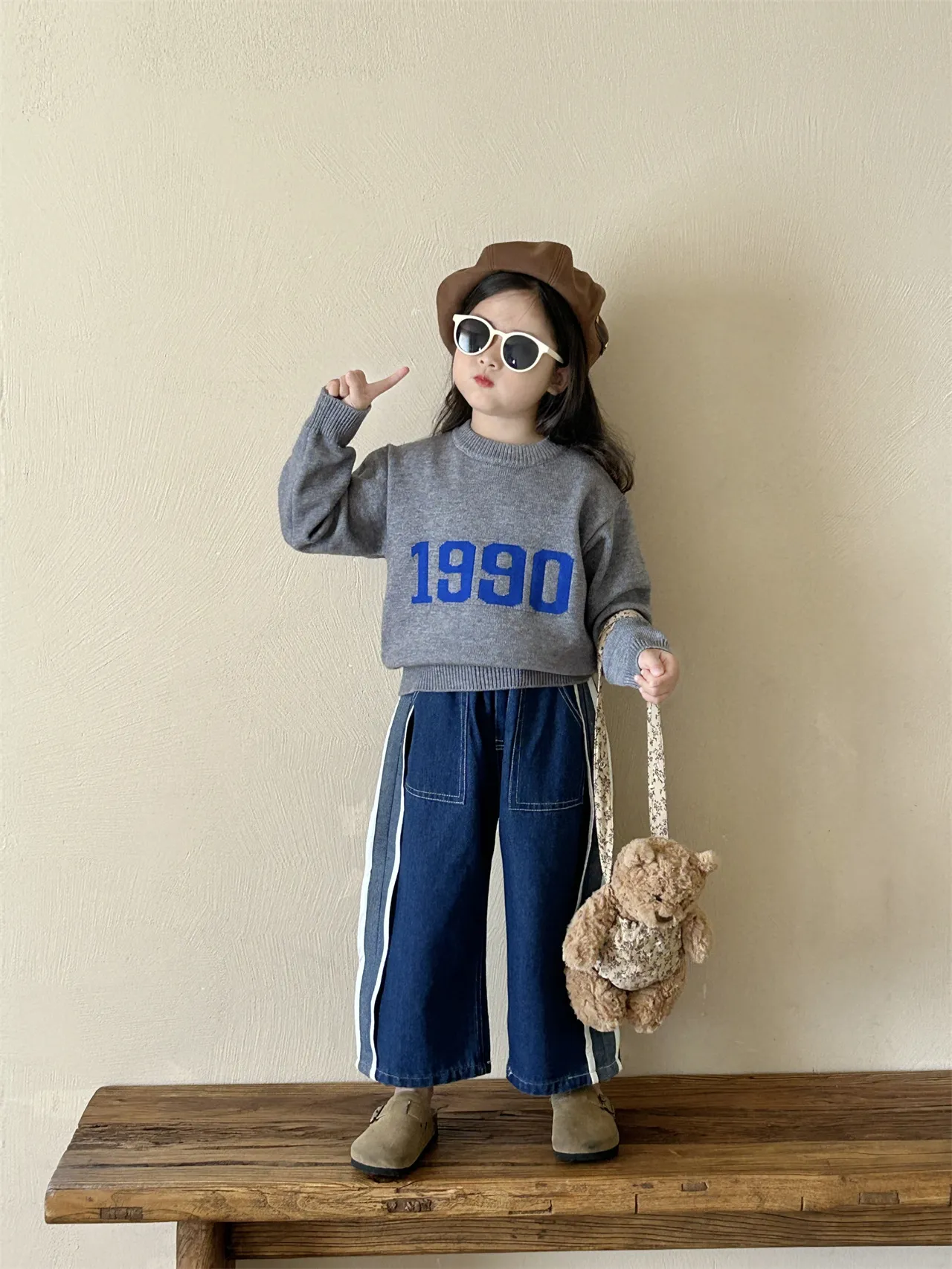 【90-140cm】可愛い きれいめ ニットセーター+デニムパンツ ２点セット バラ売り 女の子