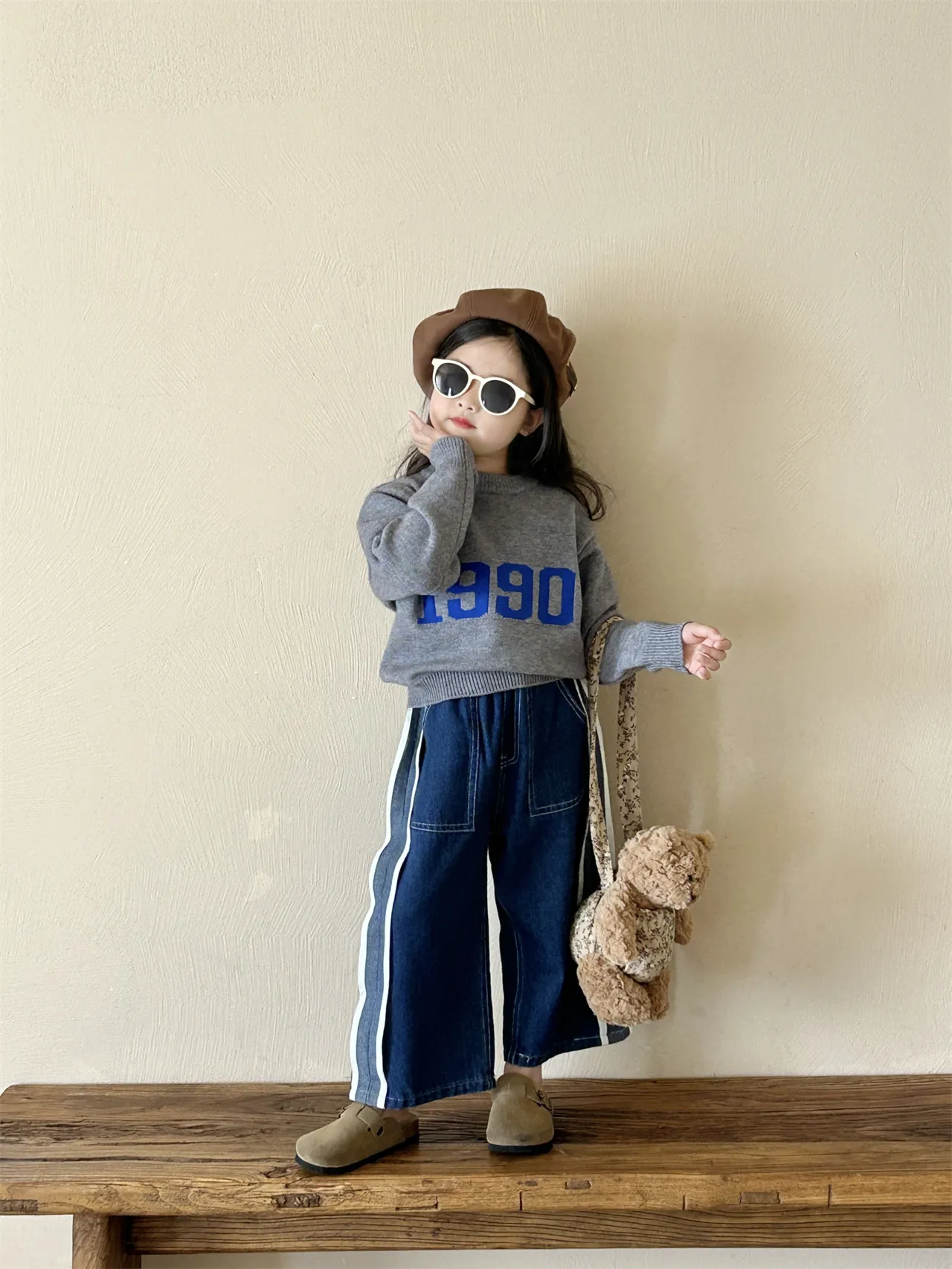 【90-140cm】可愛い きれいめ ニットセーター+デニムパンツ ２点セット バラ売り 女の子