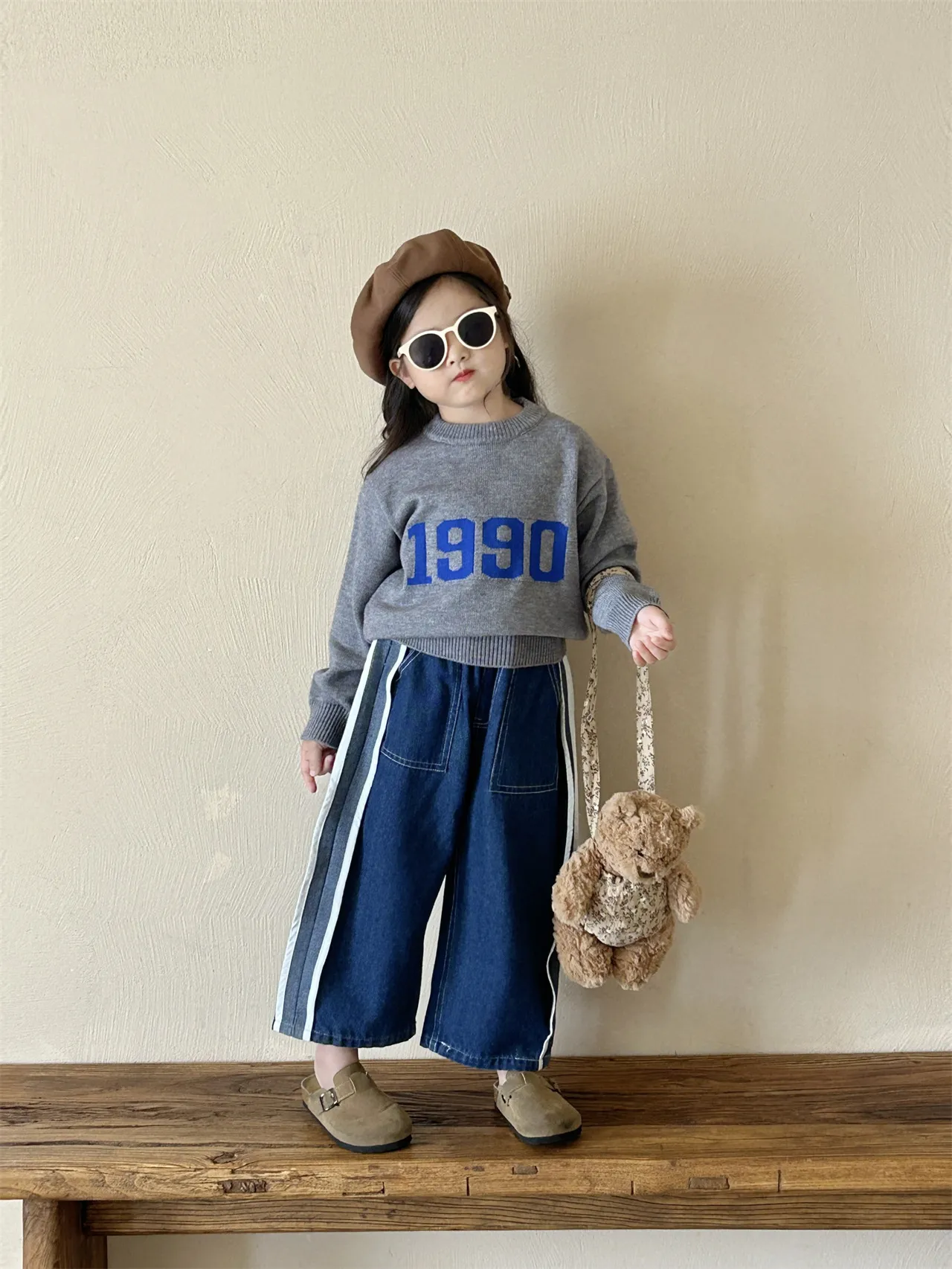 【90-140cm】可愛い きれいめ ニットセーター+デニムパンツ ２点セット バラ売り 女の子