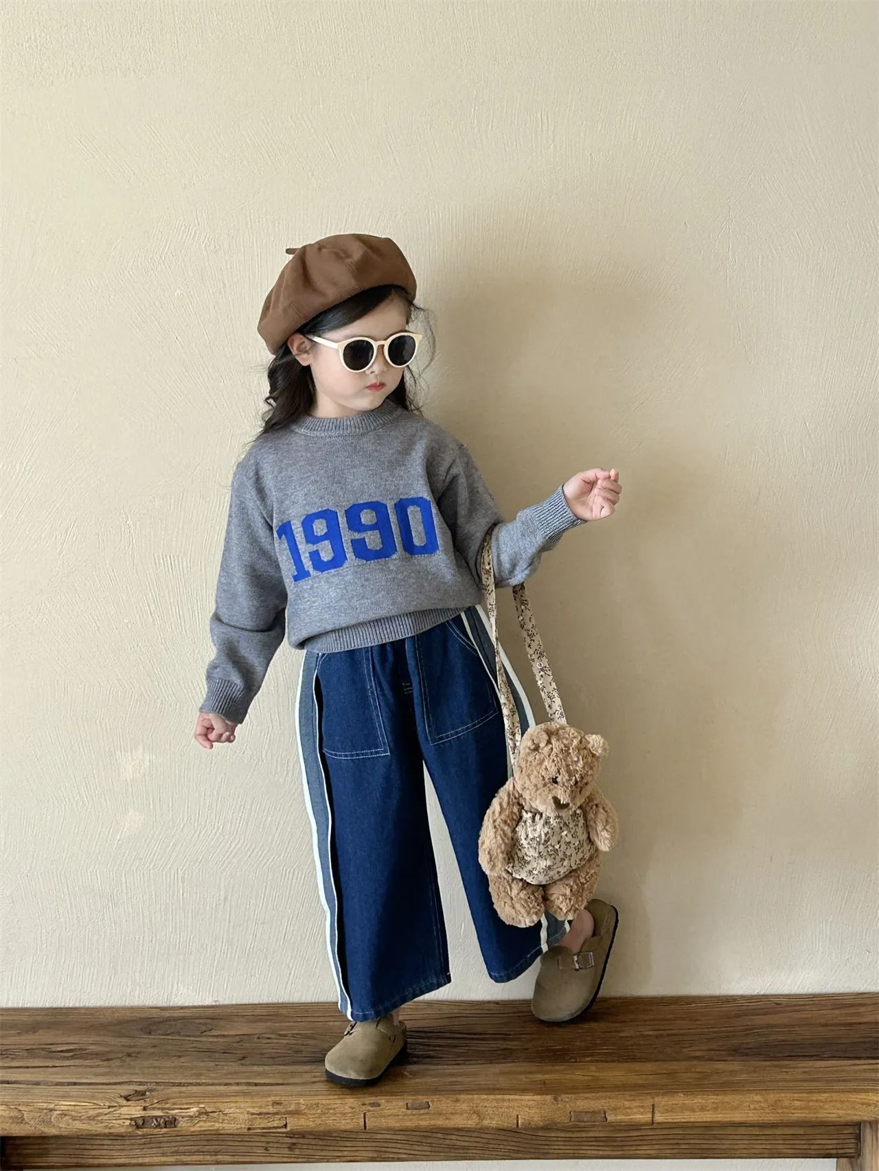 【90-140cm】可愛い きれいめ ニットセーター+デニムパンツ 2点セット バラ売り 女の子