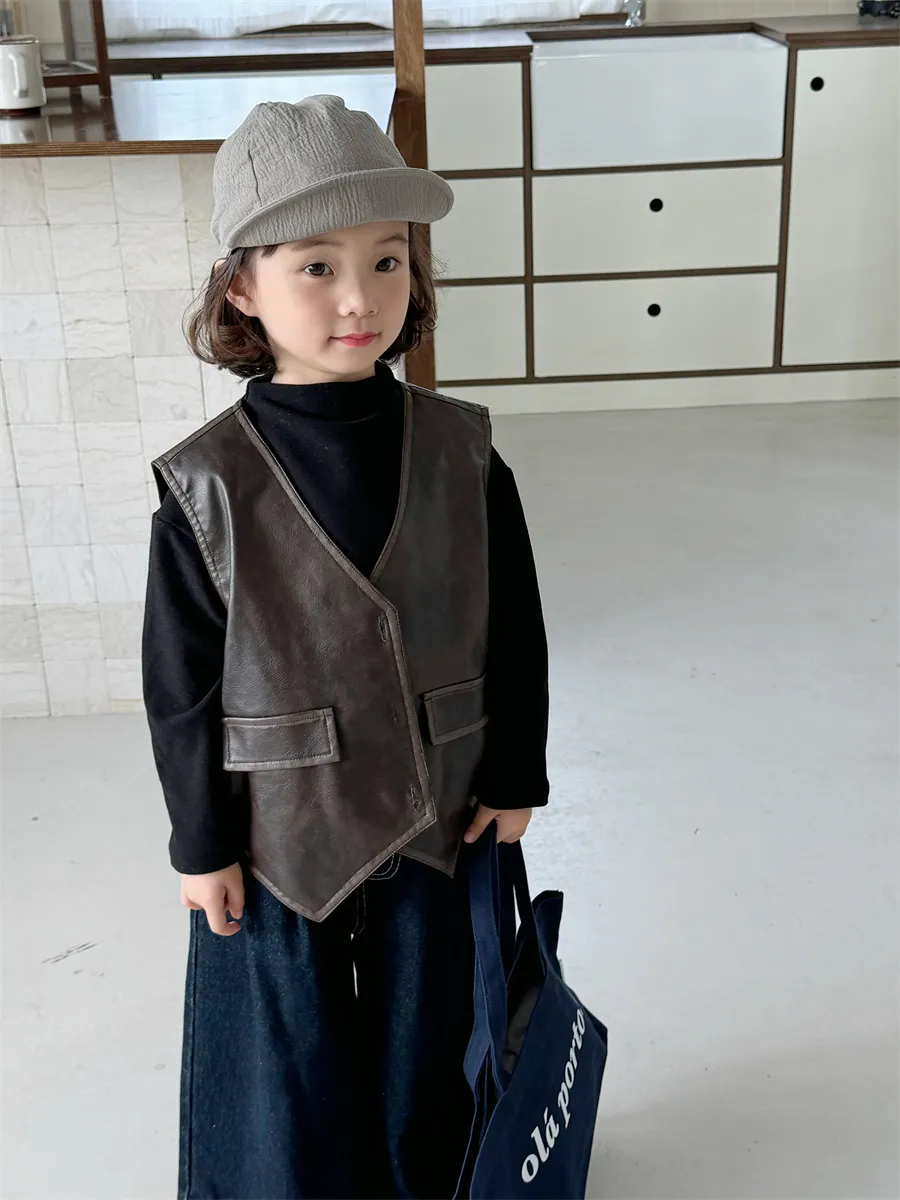 【80-140cm】超ファッション 大人気  おしゃれ  クール  ストリート系  男女限らず  レザー  ベスト