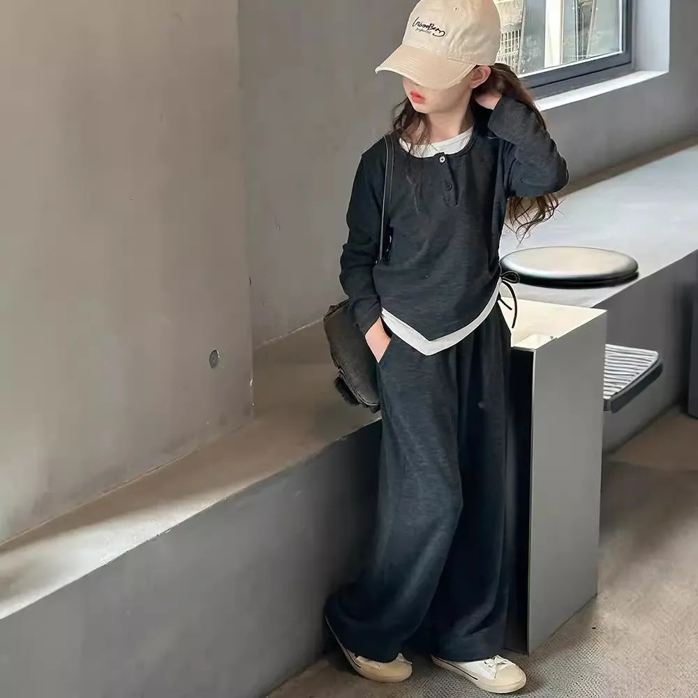 【130-170cm】2点セット合わせやすい カジュアル シンプル 上下セット Tシャツ+ワイドレッグパンツ 女の子
