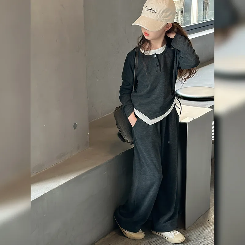 【130-170cm】2点セット合わせやすい カジュアル シンプル 上下セット Tシャツ+ワイドレッグパンツ 女の子