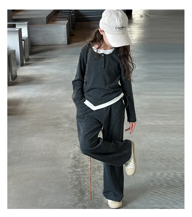 【130-170cm】2点セット合わせやすい カジュアル シンプル 上下セット Tシャツ+ワイドレッグパンツ 女の子