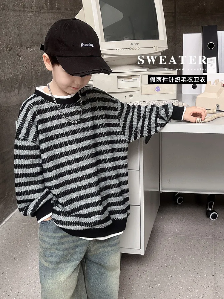 【90-150cm】着回し抜群な一枚 重ね着風 フェイクレイヤード ゆったり ニット 男の子