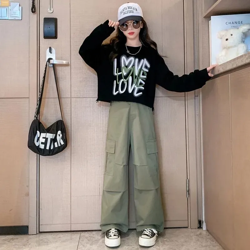 【110-170cm】二点セット 超ファッション おしゃれ  カジュアル  クール 女の子 Ｔシャツ＋パンツ＝セットアップ