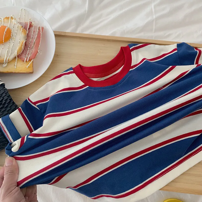 【90-140cm】カジュアル ゆったり 英字プリンボーダーTシャツ トップス 通園 通学 長袖Tシャツ 子供服