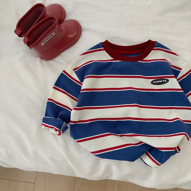 【90-140cm】カジュアル ゆったり 英字プリンボーダーTシャツ トップス 通園 通学 長袖Tシャツ 子供服