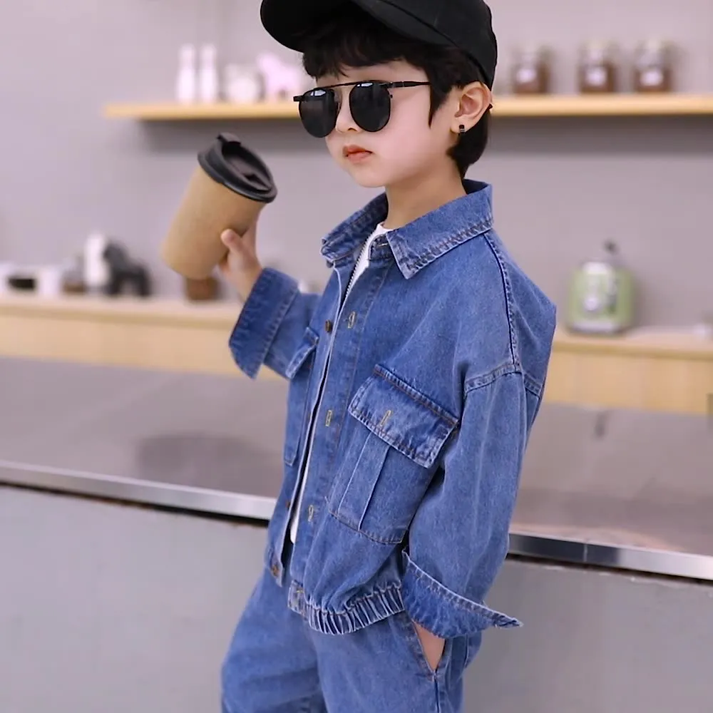 【90-150cm】二点セット 超人気商品   定番  カジュアル  ファッション  男の子  デニム アウター＋パンツ＝セットアップ