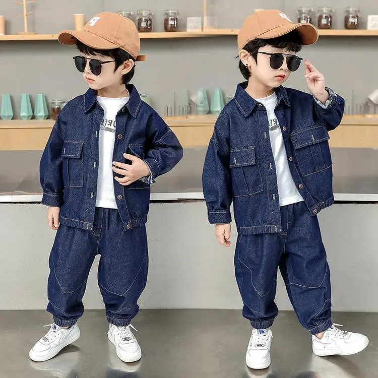 【90-150cm】二点セット 超人気商品 定番 カジュアル ファッション 男の子 デニム アウター+パンツ=セットアップ