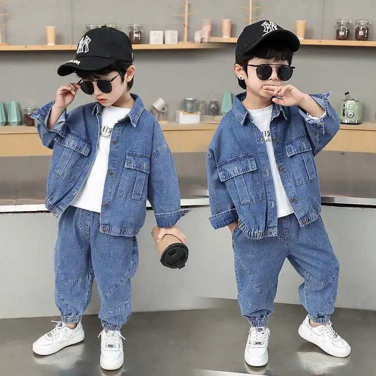 【90-150cm】二点セット 超人気商品   定番  カジュアル  ファッション  男の子  デニム アウター＋パンツ＝セットアップ