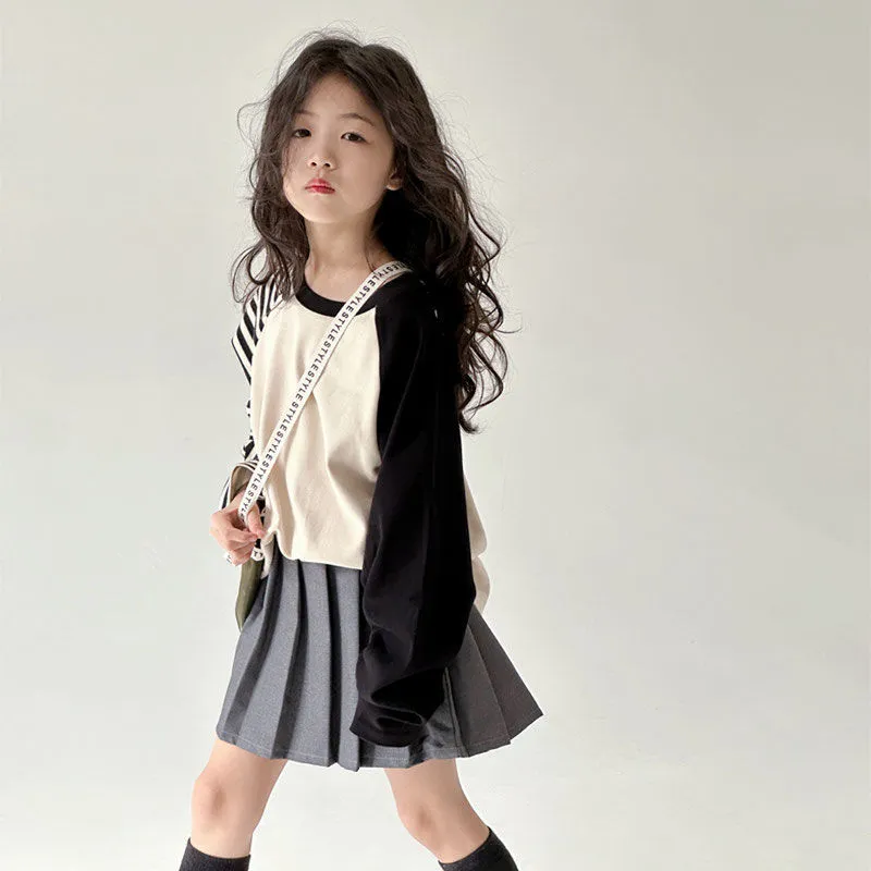 【110-160cm】二点セット 単品注文可 おしゃれ  ガーリッシュ 学園風  女の子 長袖Ｔシャツ+プリーツ セットアップ