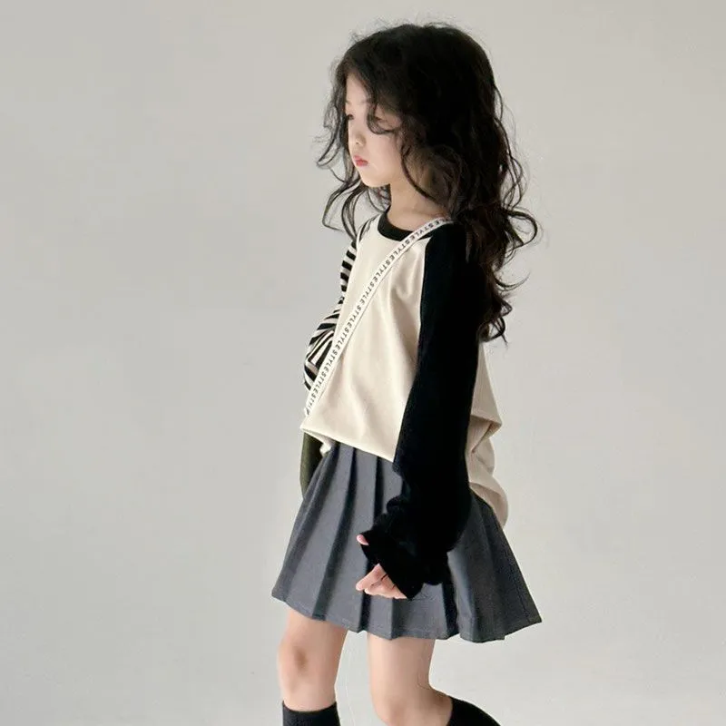 【110-160cm】二点セット 単品注文可 おしゃれ  ガーリッシュ 学園風  女の子 長袖Ｔシャツ+プリーツ セットアップ