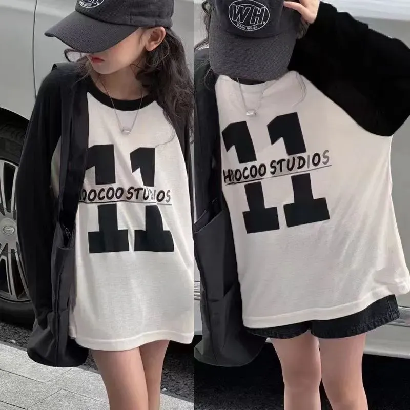 【100-160cm】絶対ほしい  合わせやすい カジュアル シンプル きれいめ 配色 女の子 長袖 Ｔシャツ