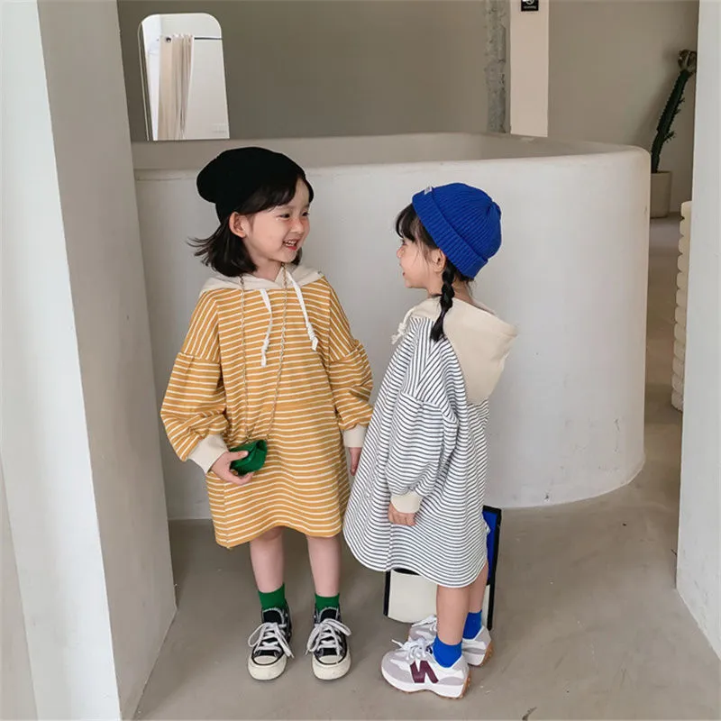 【90-130cm】絶対流行  秋新作  ファッション  カジュアル  ボーダー柄  フード付き  女の子 長袖 ワンピース