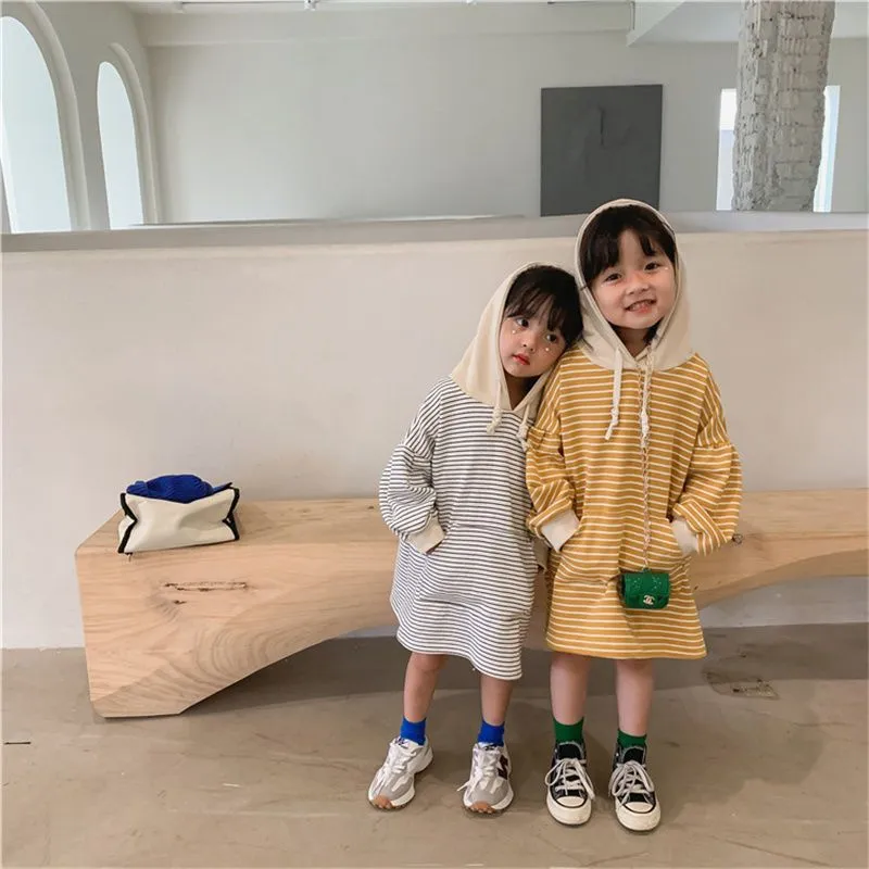 【90-130cm】絶対流行  秋新作  ファッション  カジュアル  ボーダー柄  フード付き  女の子 長袖 ワンピース