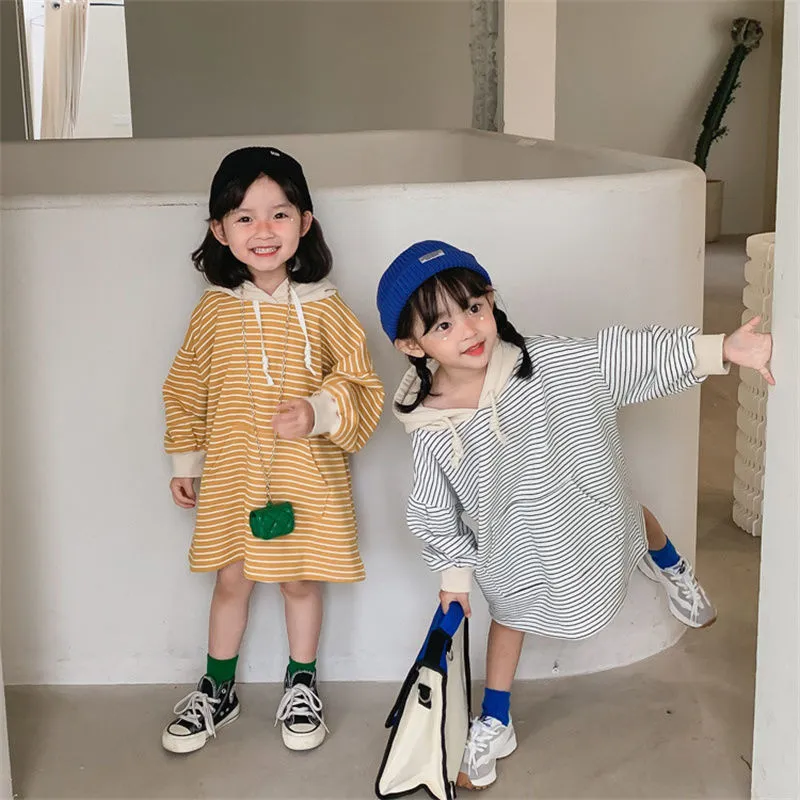 【90-130cm】絶対流行  秋新作  ファッション  カジュアル  ボーダー柄  フード付き  女の子 長袖 ワンピース