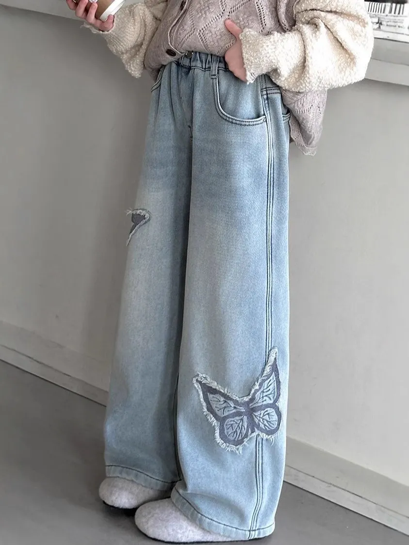 【120-170cm】デニムパンツ 女の子 カジュアル 履きやすい 合わせやすい トレンド デニム ワイドパンツ