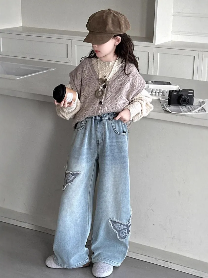 【120-170cm】デニムパンツ 女の子 カジュアル 履きやすい 合わせやすい トレンド デニム ワイドパンツ