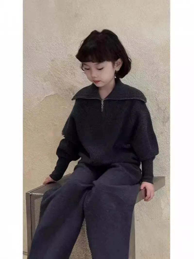 【120-170cm】二点セット シンプル 女の子 着心地良い ニット トップス+ワイドパンツ セットアップ