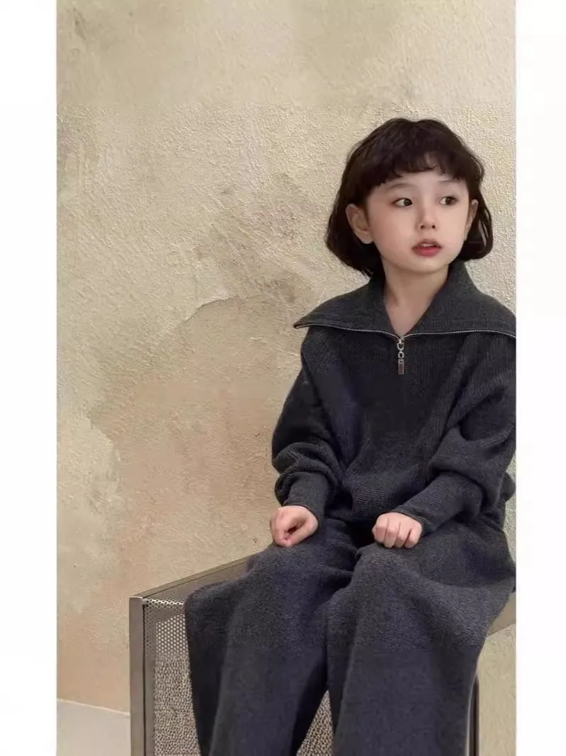 【120-170cm】二点セット シンプル 女の子 着心地良い ニット トップス+ワイドパンツ セットアップ