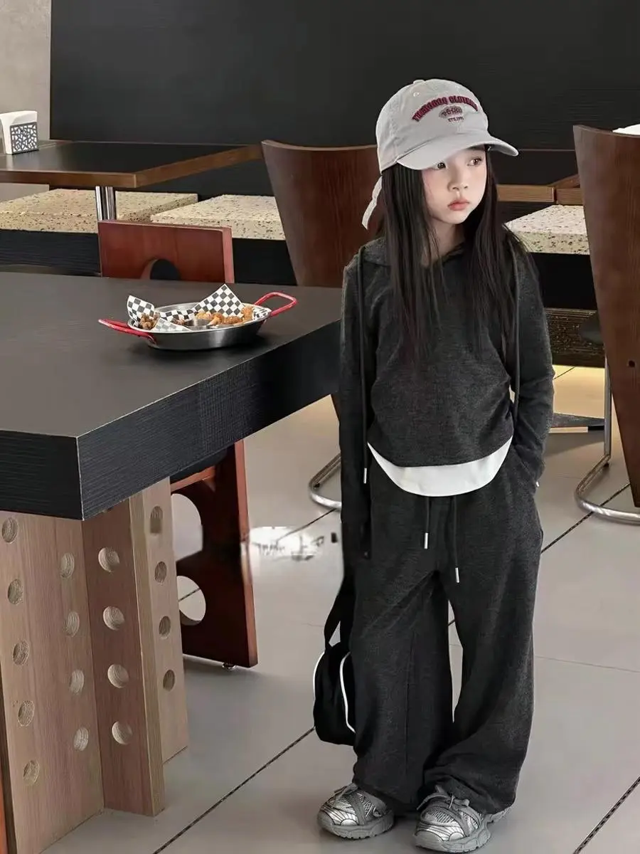 【120-170cm】二点セット シンプル 定番 フェイクレイヤード トップス+ワイドパンツ セットアップ