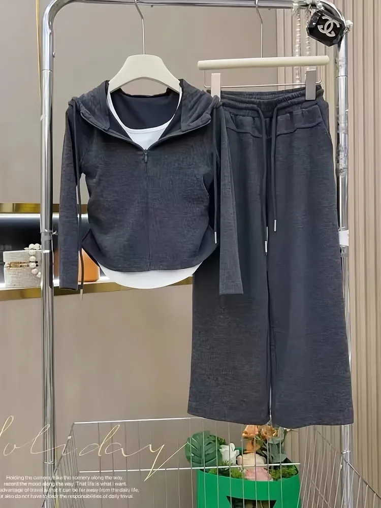 【120-170cm】二点セット シンプル 定番 フェイクレイヤード トップス+ワイドパンツ セットアップ