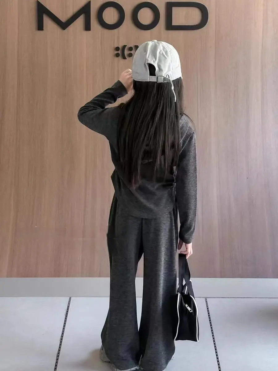 【120-170cm】二点セット シンプル 定番 フェイクレイヤード トップス+ワイドパンツ セットアップ