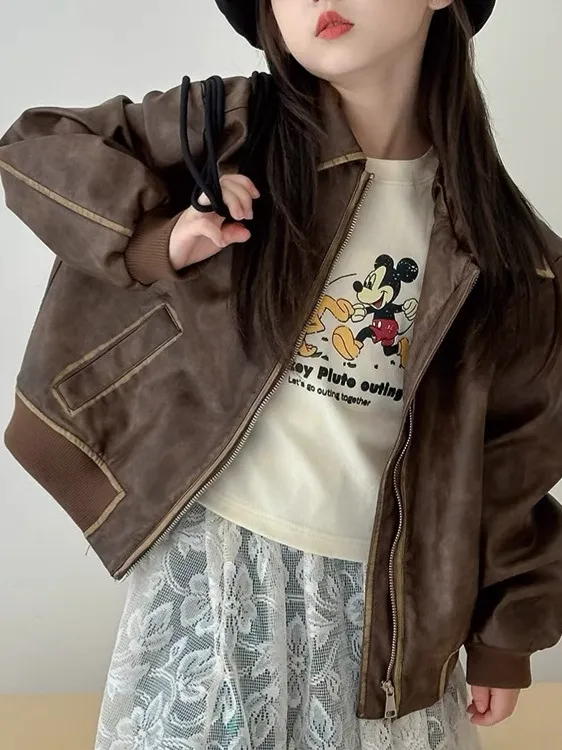 【120-170cm】アウター 女の子 おしゃれ 定番 シンプル ディリー レザー ジャケット