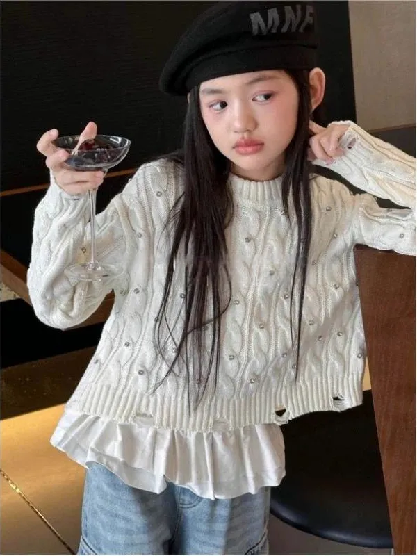 【120-170cm】ニット セーター 女の子 可愛い ディリー おしゃれ ラウンドネック 長袖 トップス