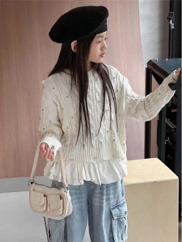 【120-170cm】ニット セーター 女の子 可愛い ディリー おしゃれ ラウンドネック 長袖 トップス