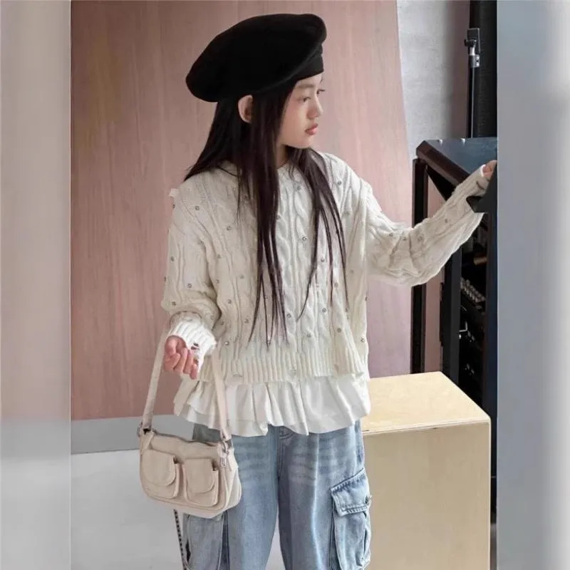 【120-170cm】ニット セーター 女の子 可愛い ディリー おしゃれ ラウンドネック 長袖 トップス