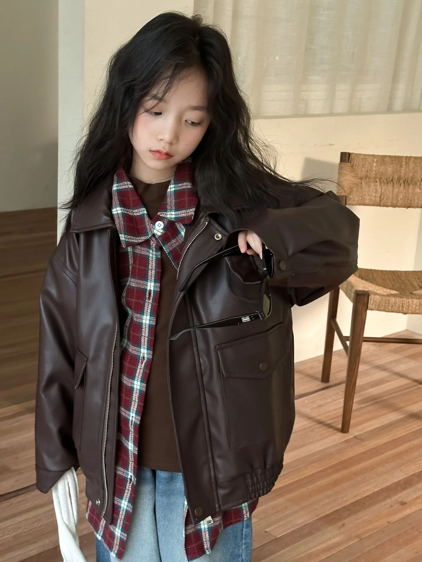 【100-160cm】毎日着たくなる 女の子 シンプル 無地 レトロ 楽チン レザー ジャケット